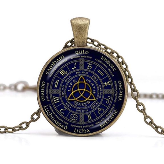 Wiccan Pentagram Pendant Necklaces Pagan Wheel of The Year Jewelry Glass Photo Charm