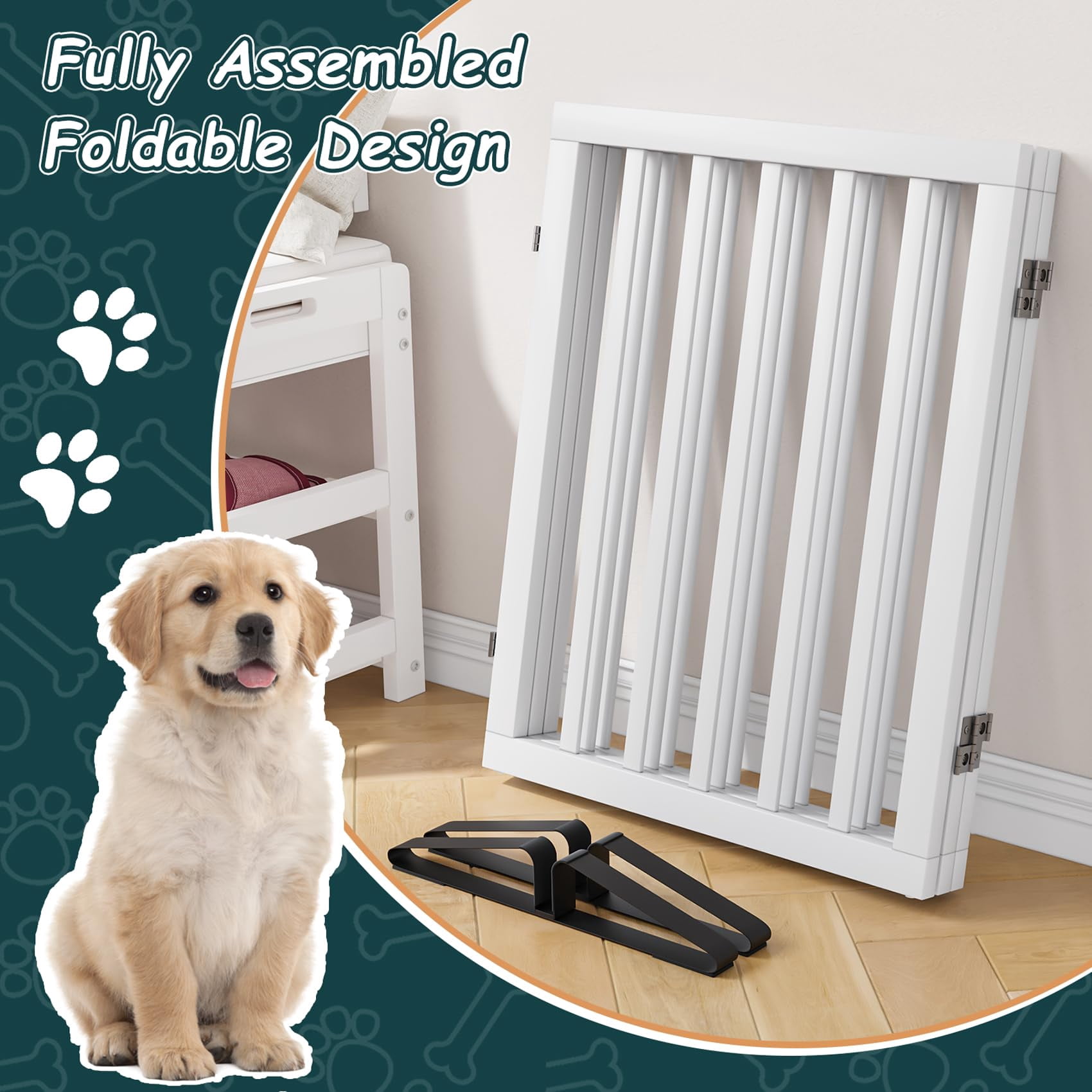 Semiocthome Foldable Dog Gate Bamboo Extra Wide Pet Gate with 2 Metal Stand for Indoor,White,55"W