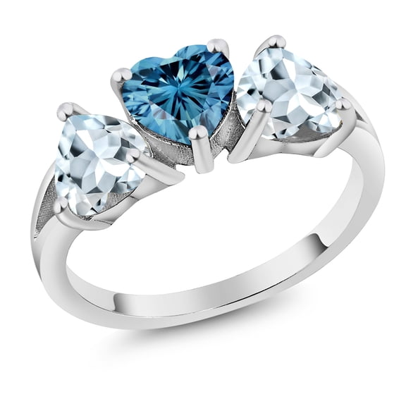Gem Stone King 925 Sterling Silver 3-Stone Ring Heart Shape Persian Blue Moissanite and Aquamarine Sky Blue (2.26 Cttw, Size 9)