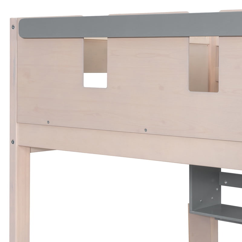 Twin Size Castle-Designed Kids's Bunk Bed with Built-in Ladder & LED Strip, Storage Wooden Bed Frame with 2 Drawers & Shelves