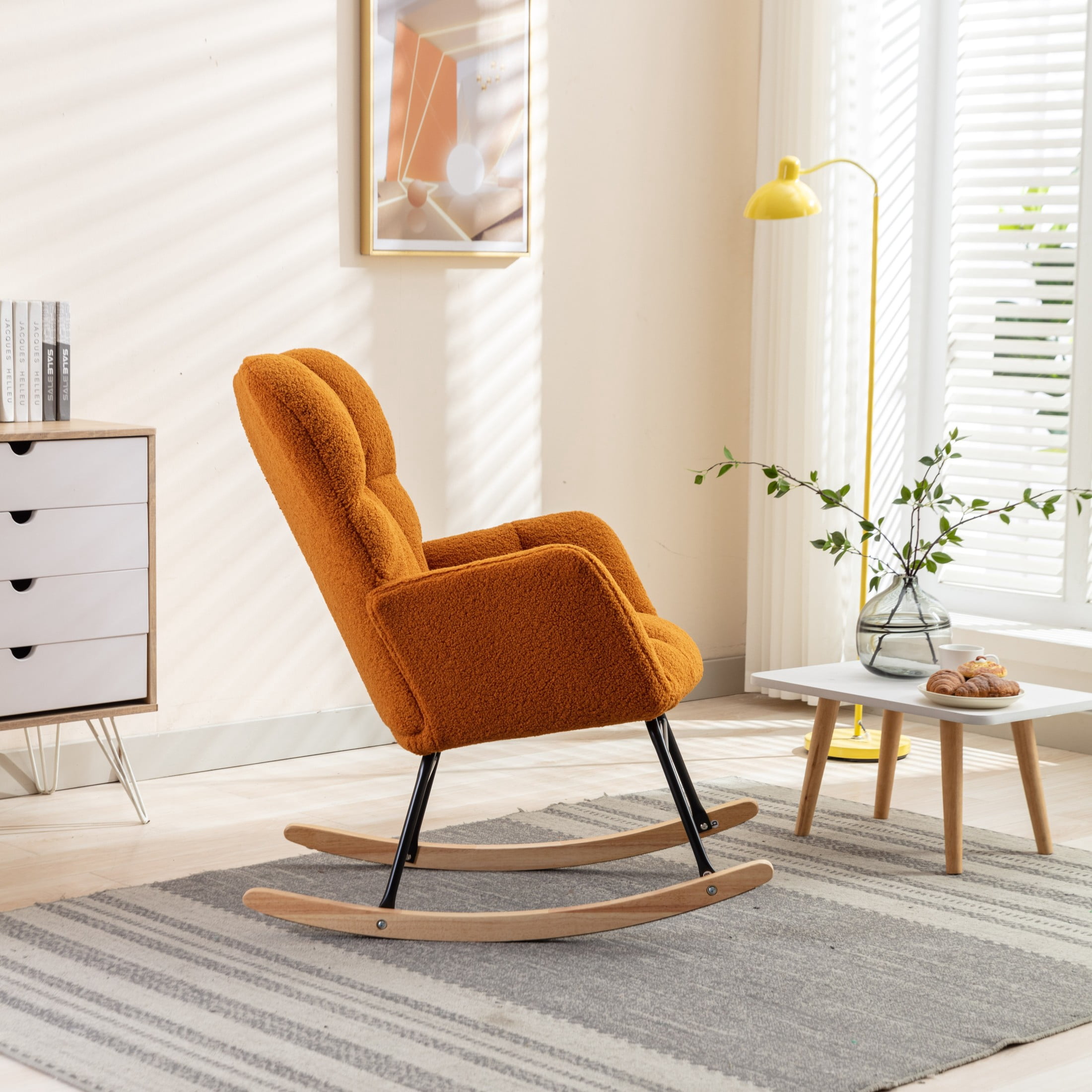 Noble House Takala 31" Teddy Fabric Rocking Glider Nursery Chair, Upholstered Accent Armchair for Living Room, Caramel