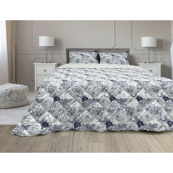 Shabby Flora Comforter & Sham Bedding Set, Garden Spring Roses Buds with Leaves Flowers Romantic Image Art, 3 pcs Duvet Set Microfiber Filling Quilt, 5 Sizes, Blue Grey and White, by Ambesonne