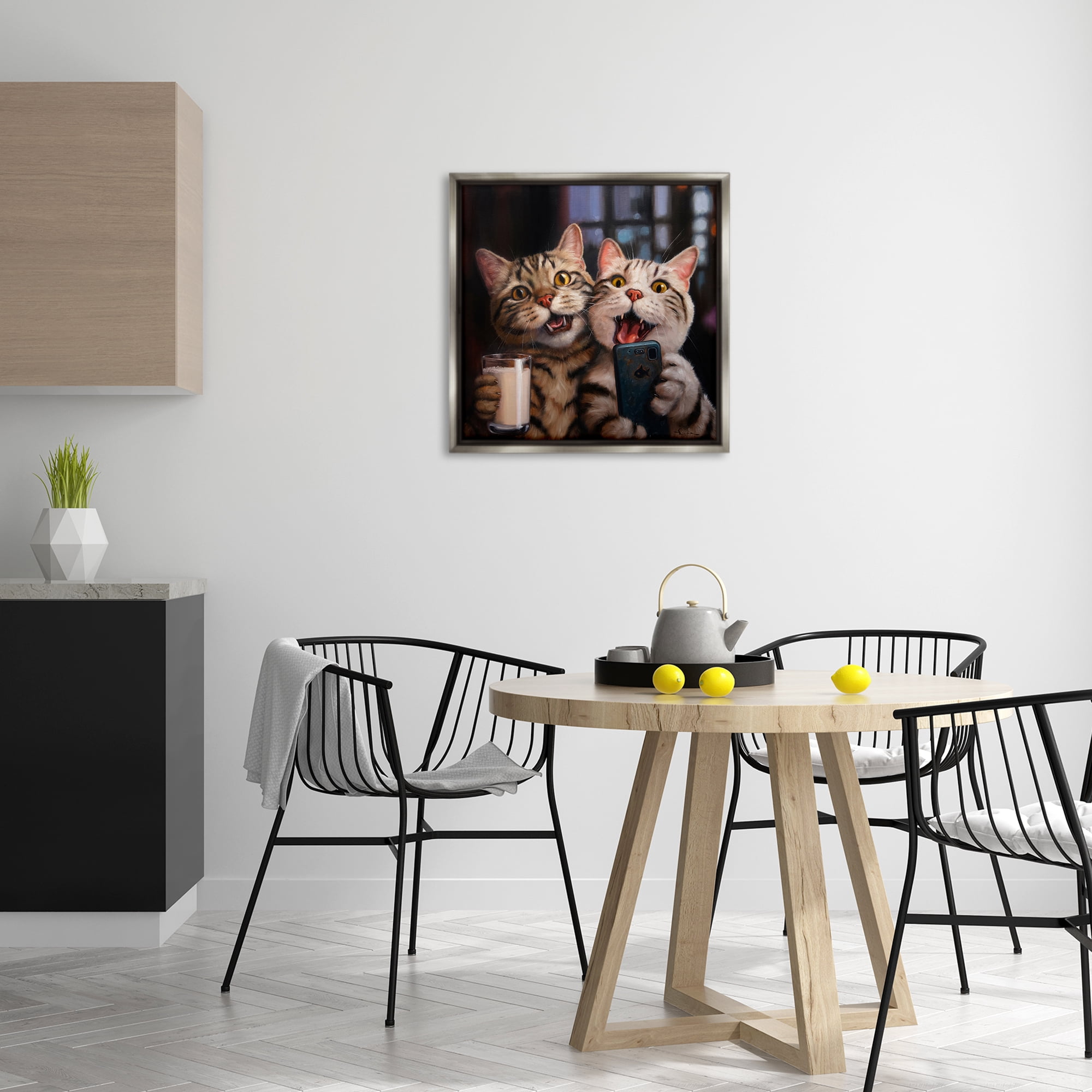 Stupell Industries Happy Selfie Cats Animals Painting Gray Floater Framed Canvas Art Print Wall Art, 25 x 25