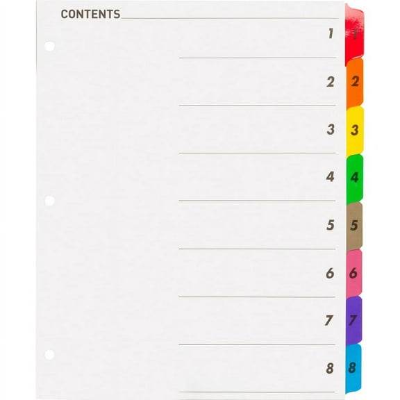 Business Source Table of Content Quick Index Dividers - Printed Tab(s) - Digit - 1-8 - 8 Tab(s)/Set - 8.5" Divider Width x 11" Divider Length - 3 Hole | Bundle of 2 Sets
