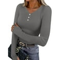 thumbnail image 2 of Posijego Women's Going out T-Shirt with Thumbhole Ribbed Long Sleeve Button V Neck Plain Basic Tee Tight Shirts, 2 of 9