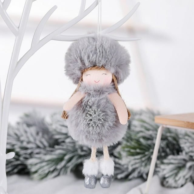 PVCS Girl Angel Plush Doll Snowflake Pattern Christmas Tree Pendant - Gray