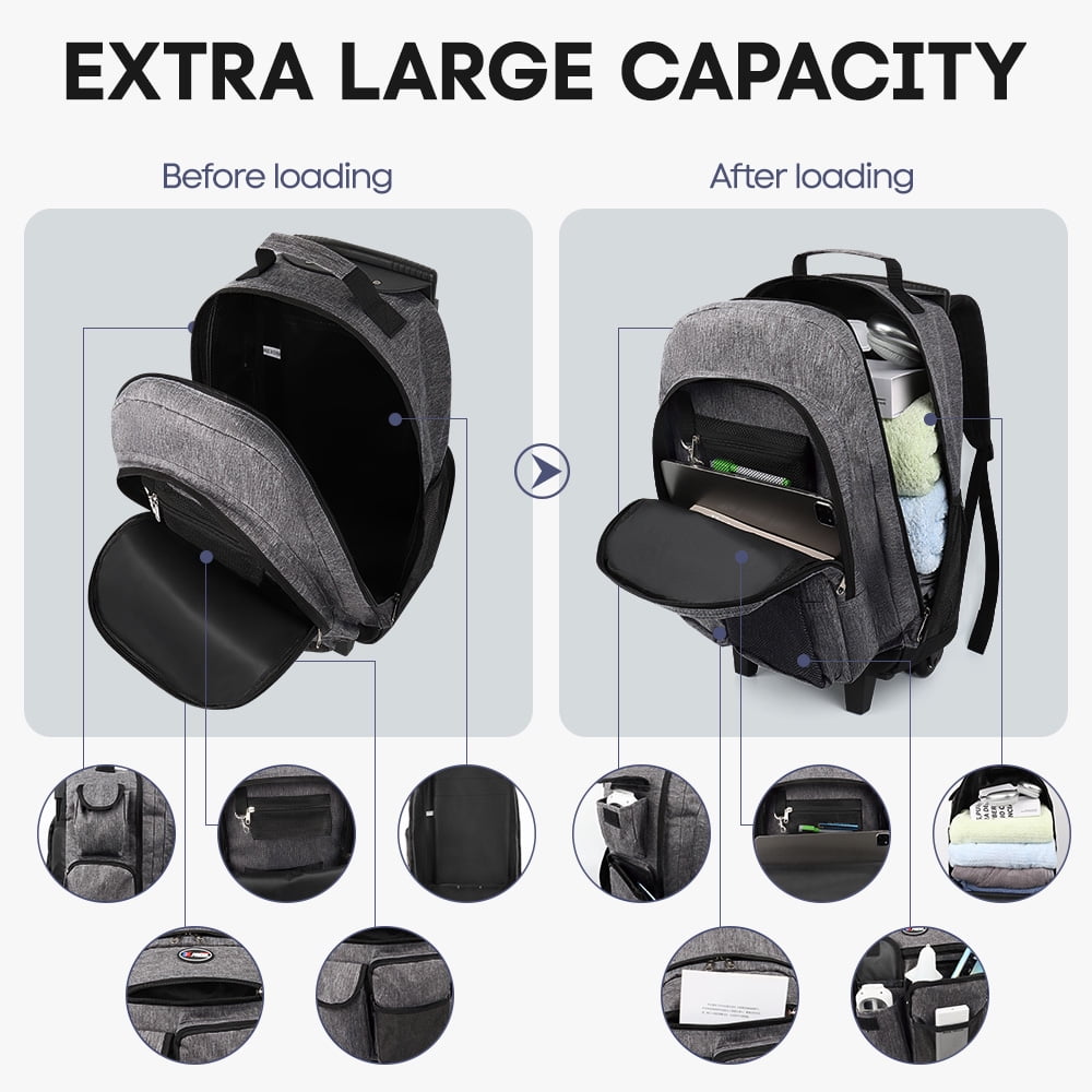 20" Rolling Backpack for Women Men,2 in 1 Carry On Travel Backpack with Wheels & Telescopic Handle for Work, Weekend, School & Short Trips, Grey, JH2560