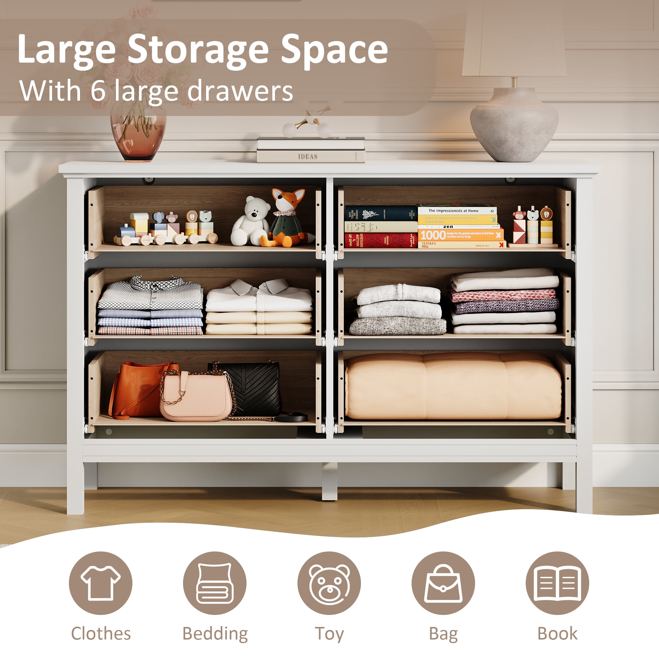 YouTrend White Large Dresser with 6 Drawer for Bedroom,Traditional Adult Storage Cabinet with Golden Handles for Living Room,Hallway