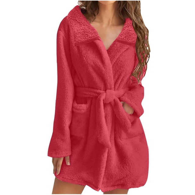 cfhntfmh Womens Fuzzy Robe Mid Length Bathrobe Belted Long Sleeve Soft Bath Robes Plush Fall Winter Spa Robes with Pockets