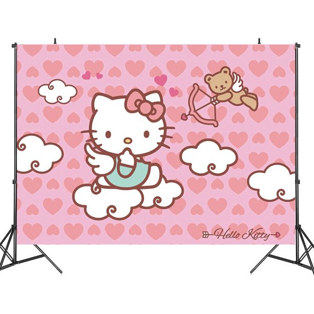 Fondo de gato rosa de dibujos animados, Decoración de cumpleaños personalizada, Fondo de fiesta de Hello, suministros de fiesta de cumpleaños para niños, Baby Shower