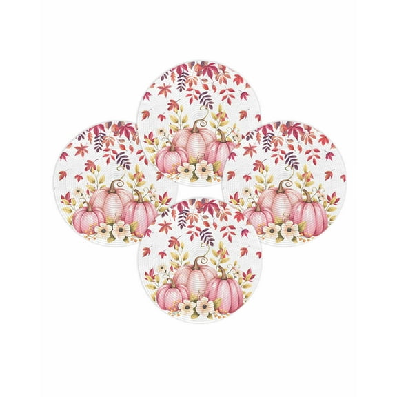 Fall Round Placemats Set of 4 Pink Pumpkin Place Mats Thanksgiving Woven Placemat Flower Maple Leaves Circle Braided Table Mat for Kitchen Dining Table Autumn Party Home Decor 15 Inch