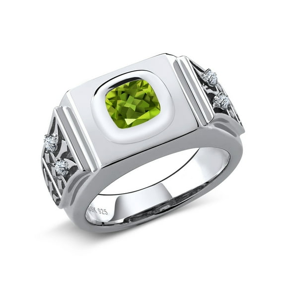 Gem Stone King 2.49 Ct Cushion Green Peridot 925 Sterling Silver Men's Ring (Size 12)
