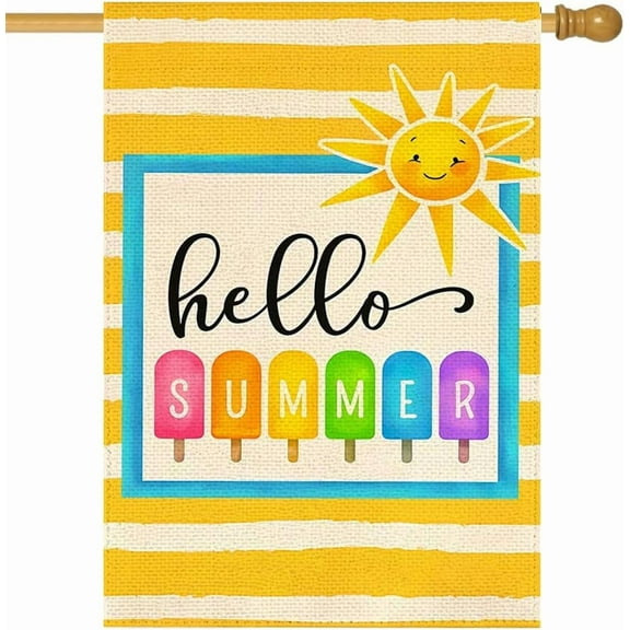 Hello Summer Garden Flag 28x40 Double Sided for Outside, Popsicle Sun Striped Beach Seasonal Holiday Large Garden Flag Outdoor Decoration 17-28