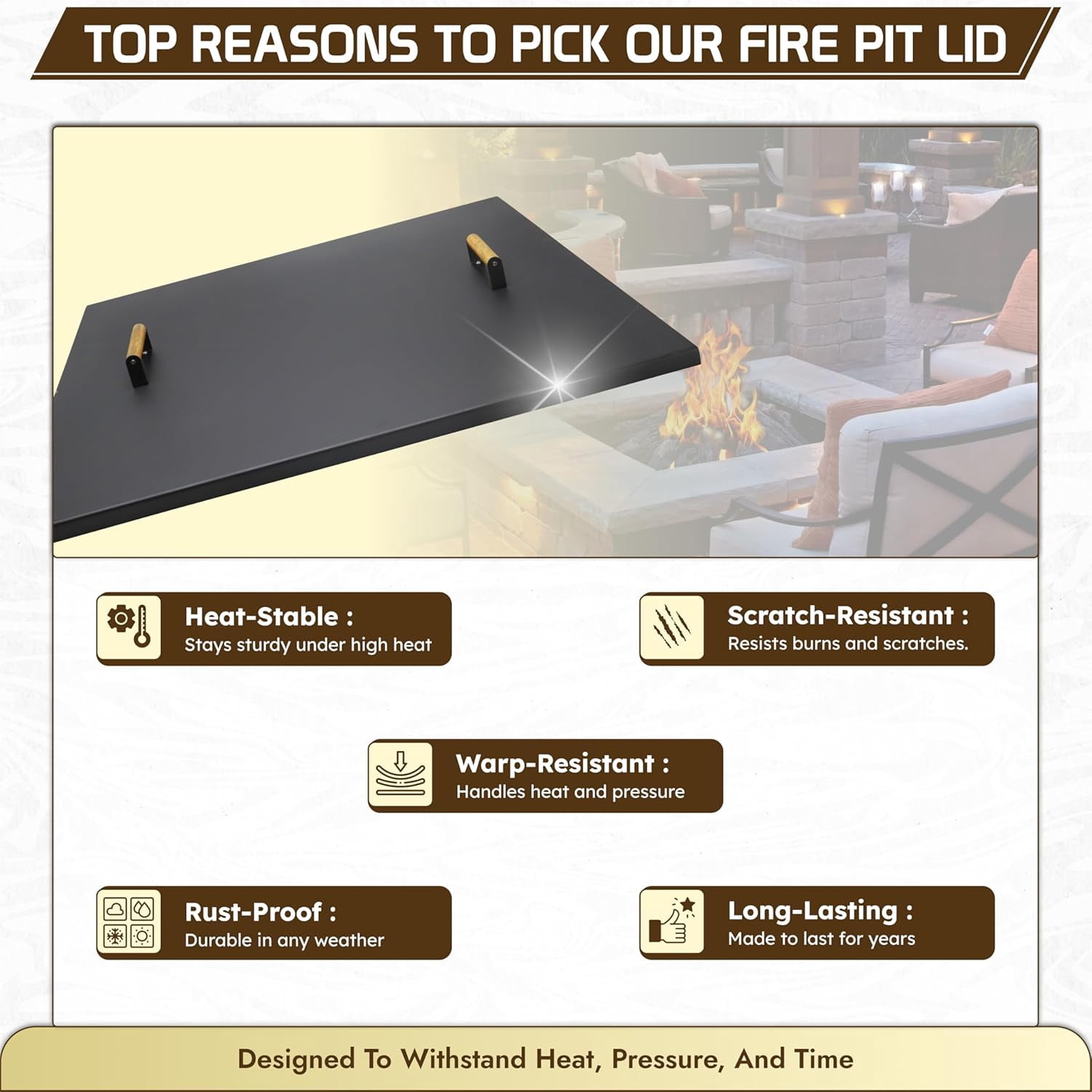 Febtech -34" Square Fire Pit Snuffer Lid - Carbon Steel Fire Pit Pan Lid for 32" FirePit- Steel Cover with Wooden Handles FirePit Shield for Outdoor Burner Cover Camping Accessories