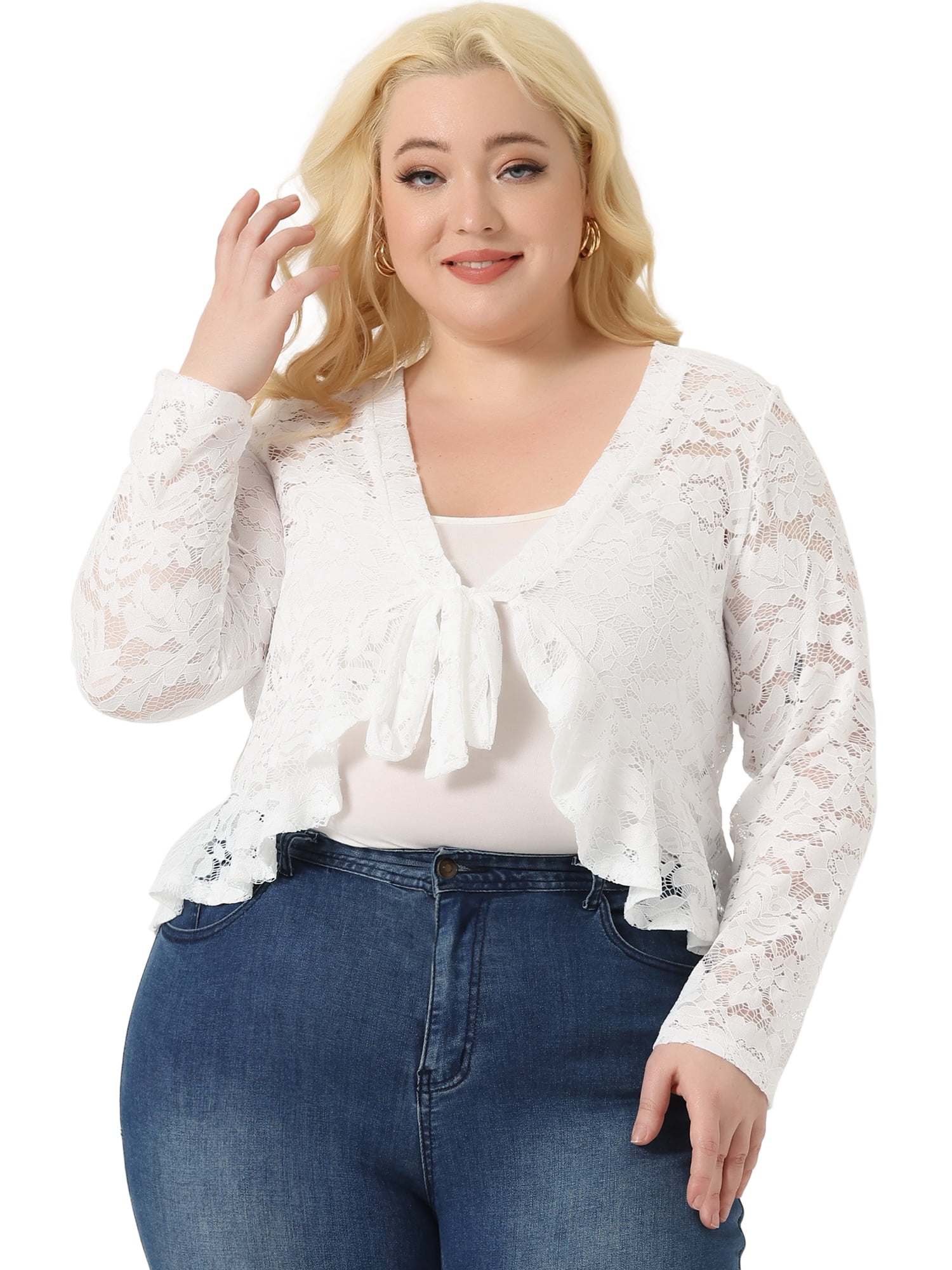 DARING DIVA Women's Plus Sheer Lace Shrug Bolero Crop Cardigans 1X White