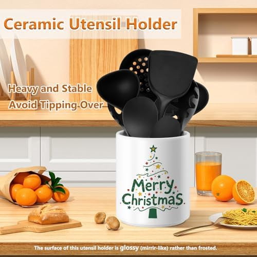 Christmas Utensil Holder Ceramic Cooking Utensil Holder for Kitchen Counter Green Xmas Tree Utensils Holder, Large Spatula Holder Glossy White Christmas Gift Kitchen Decor （6.5”H x 5.5”D）