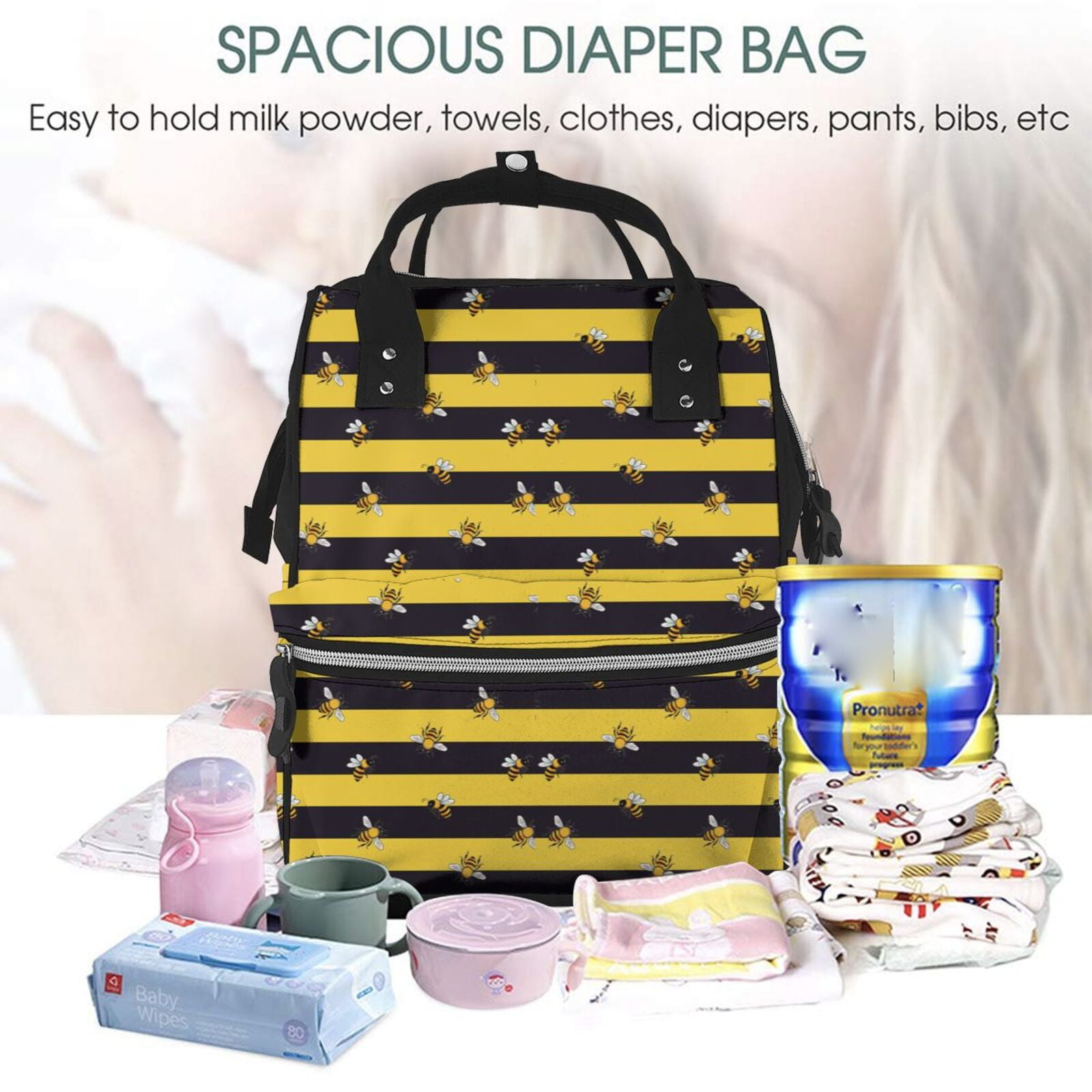 Defioc Striped With Bees for Baby Diaper Bag Backpack - Baby Bag for Boys & Girls - Diaper Backpack - Large Travel Diaper Bags- Baby Registry Search & Shower Gifts