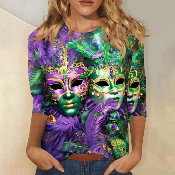 BVOFAR Mardi Gras Shirts for Women 3/4 Sleeve Crewneck Tops Novelty Mask Print Blouses Carnival Themed Party Outfits