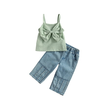 

Calsunbaby Casual Baby Girl Bowknot Tank Top + Beaded Jeans with Slant Pockets