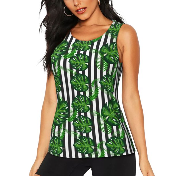 Balery Palm Greenery Camiseta sin mangas estampada ligera para mujer, tops de entrenamiento sin mangas, camisetas de yoga transpirables de secado rápido.-Large