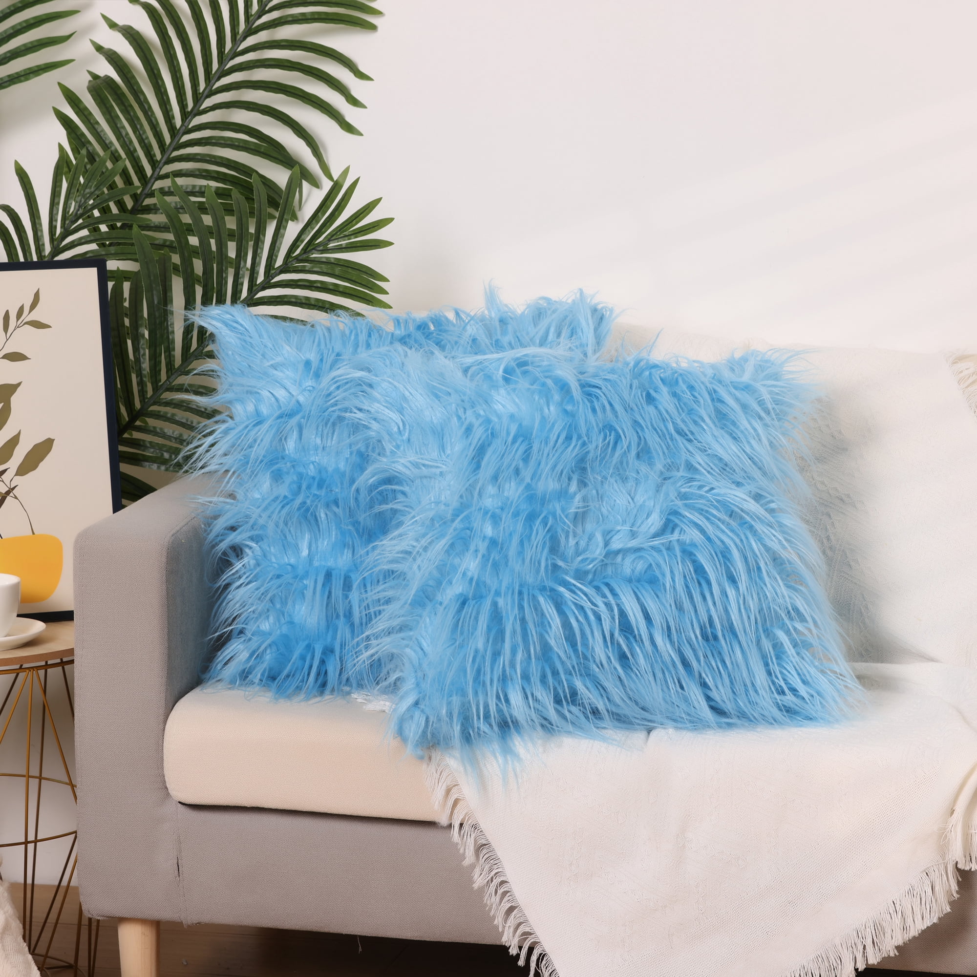 Unique Bargains Faux Fluffy Zipper Closure Cushion Covers Throw Pillow Covers (2 Count) Light Blue 18" x 18"
