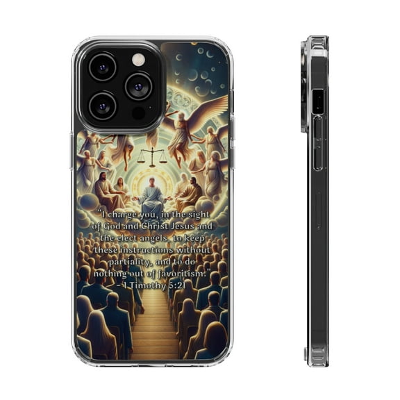 DistinctInk Hybrid (Acrylic / TPU) Clear Slim Fit Case for Apple iPhone 14 Pro MAX (6.7" Screen) - Keeping God's Instructions: 1 Timothy 5:21 (Biblical Verse)
