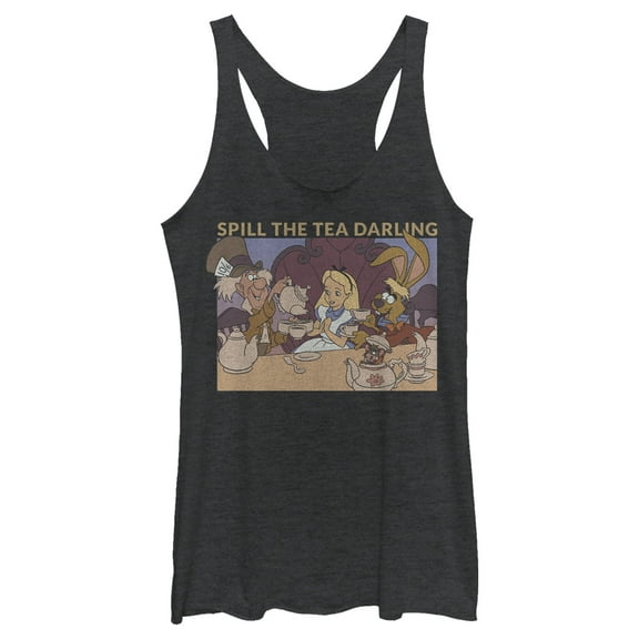 Women's Alice in Wonderland Spill the Tea Darling Racerback Tank Top Black Heather Large