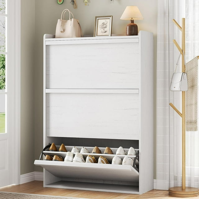 ChaoLink Gabinete para zapatos con 3 cajones abatibles, organizador de zapatos de madera con estante ajustable, almacenamiento para recibidor, mueble oculto para zapatos para pasillo y sala