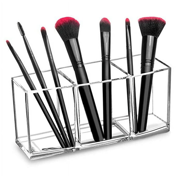 ZOUYUE Clear Makeup Brush Holder Organizer, Acrylic Cosmetic Brushes Storage with 3 Slots, Eyeliners Display Case for Vanity