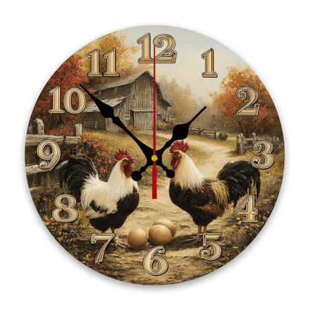 Farmyard Rooster Hen Wall Clock - Vintage-Style Rooster Hen, Soft Color Rooster Hen Sound, Battery-Powered (1 AA Required, Not Included) Suitable for Room, Kitchen, Classroom, Office, Wood Fra