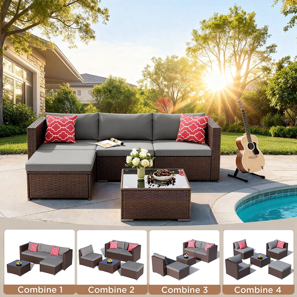 Aiho All-Weather 5 Pieces Outdoor Sectional Sofa with PE Rattan, Outdoor Patio Furniture Set with Soft Cushions and Coffee Table, For Backyard, Porch, Balcony, Poolside, Garden, Patio-Gray