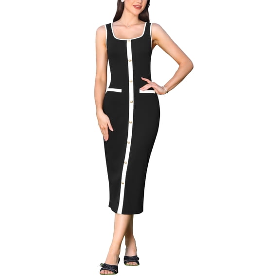 INSPIRE CHIC Sleeveless Midi Dresses for Women's 2025 Square Neck Contrast Color Knit Bodycon Dress XS Black