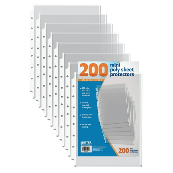 200 Count Mini Poly Sheet Protectors, Standard Weight, Diamond Clear, by Better Office Products, 5.5" x 8.5", 200 Pack