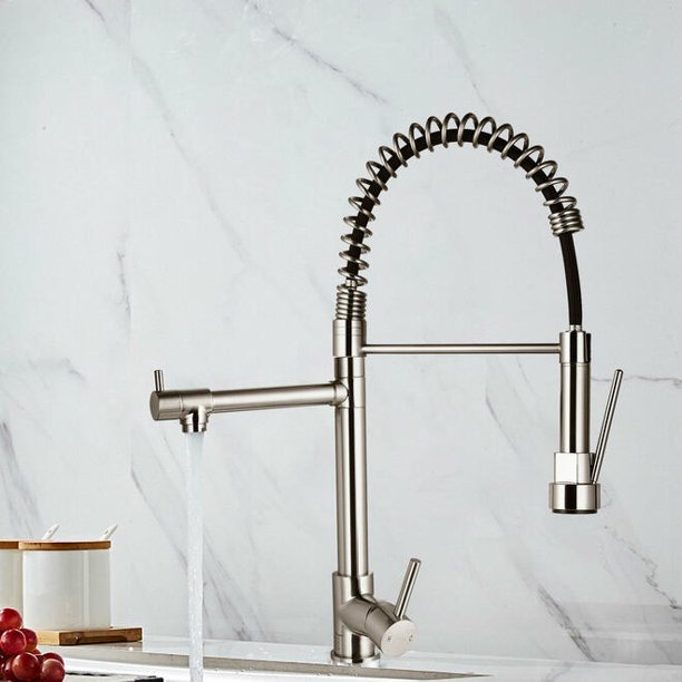 Brushed Nickel Kitchen Faucet With Pull-Down Sprayer – Single Handle Spring Design, Multi-Function Spray Head, Easy Installation, Modern Style