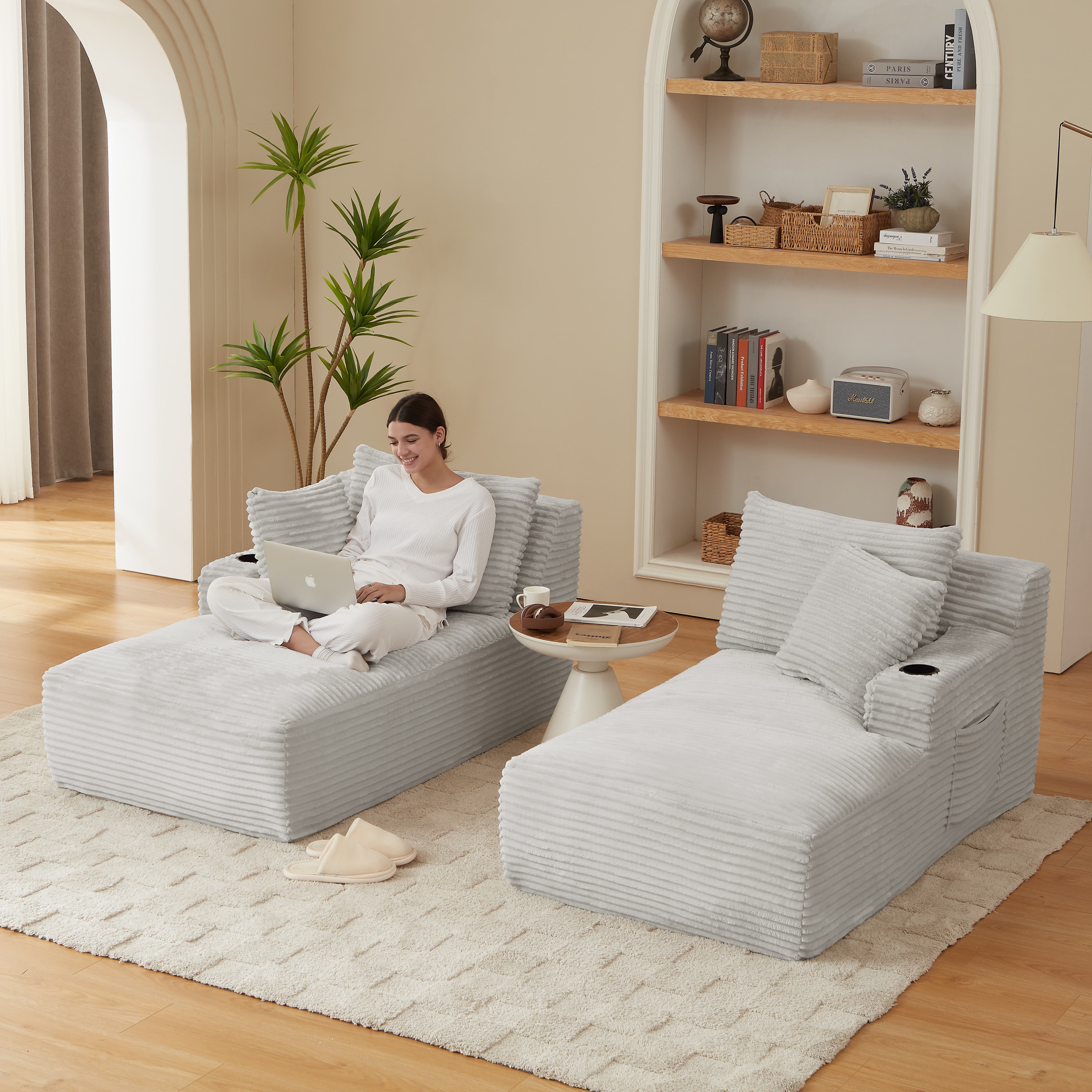 MAYEERTY Compressible Corduroy Double Chaise Sofa, Modern Sectional Loveseat with Cup Holders for Living Room, 71*62*34"Light Grey