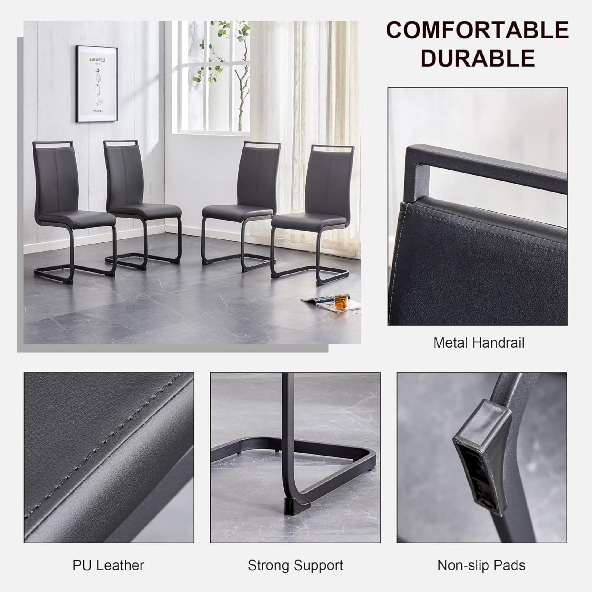 TesNus Modern Dining Set of 4, Side Chairs With Black Frame, Faux Leather Padded Seat High Back for Kitchen, Dining Room, Living Room - Black