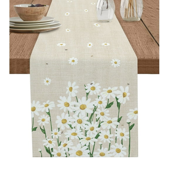 Table Runner Dresser Scarf 13 x 90 Inch Spring White Daisy Flowers Plants Linen Style Background Table Runners Non-Slip Heat Kitchen Dining Table Decor for Indoor Outdoor Home Party Decoration