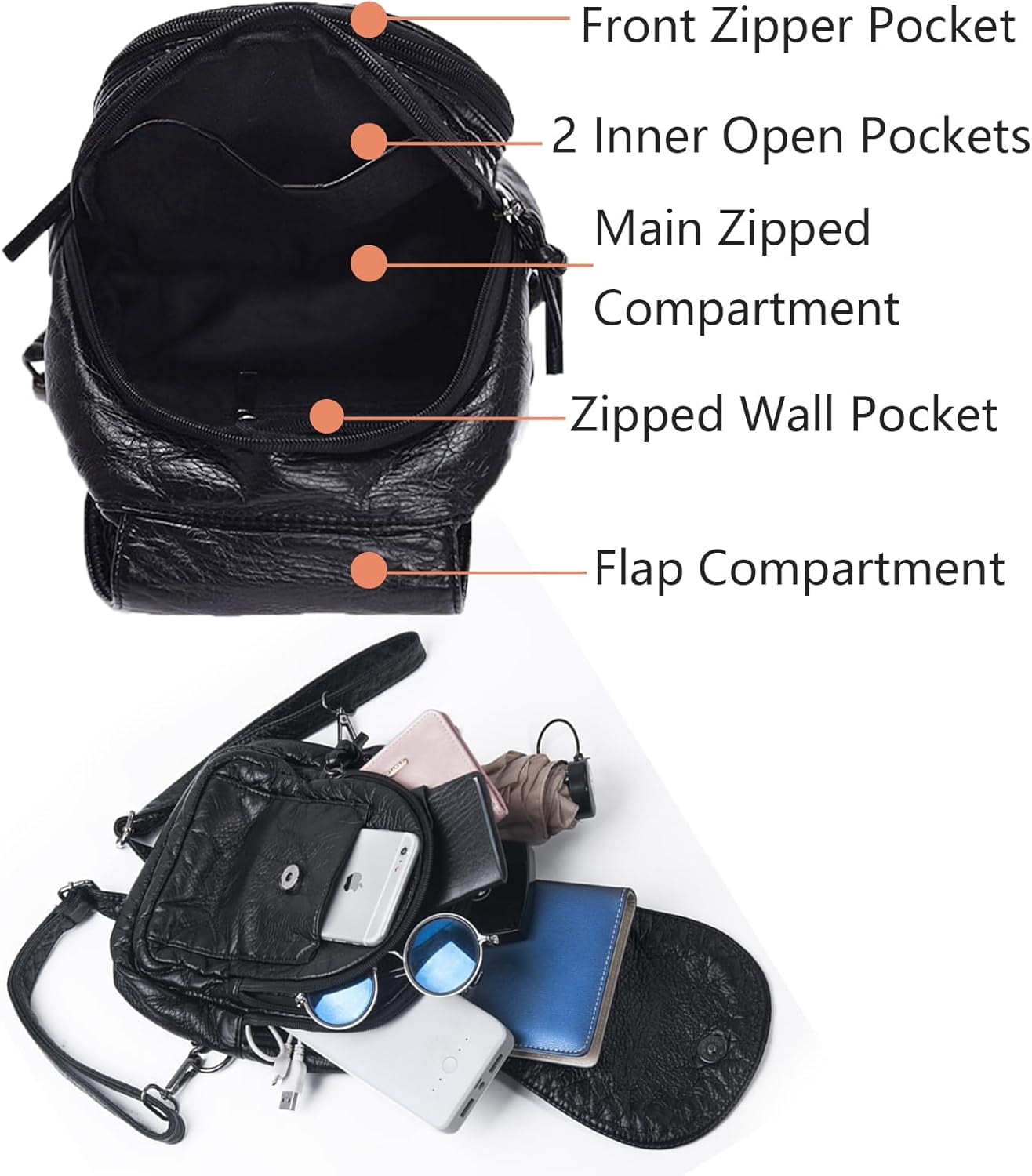 Mini Backpack for Women, Soft Washed PU Leather Small 