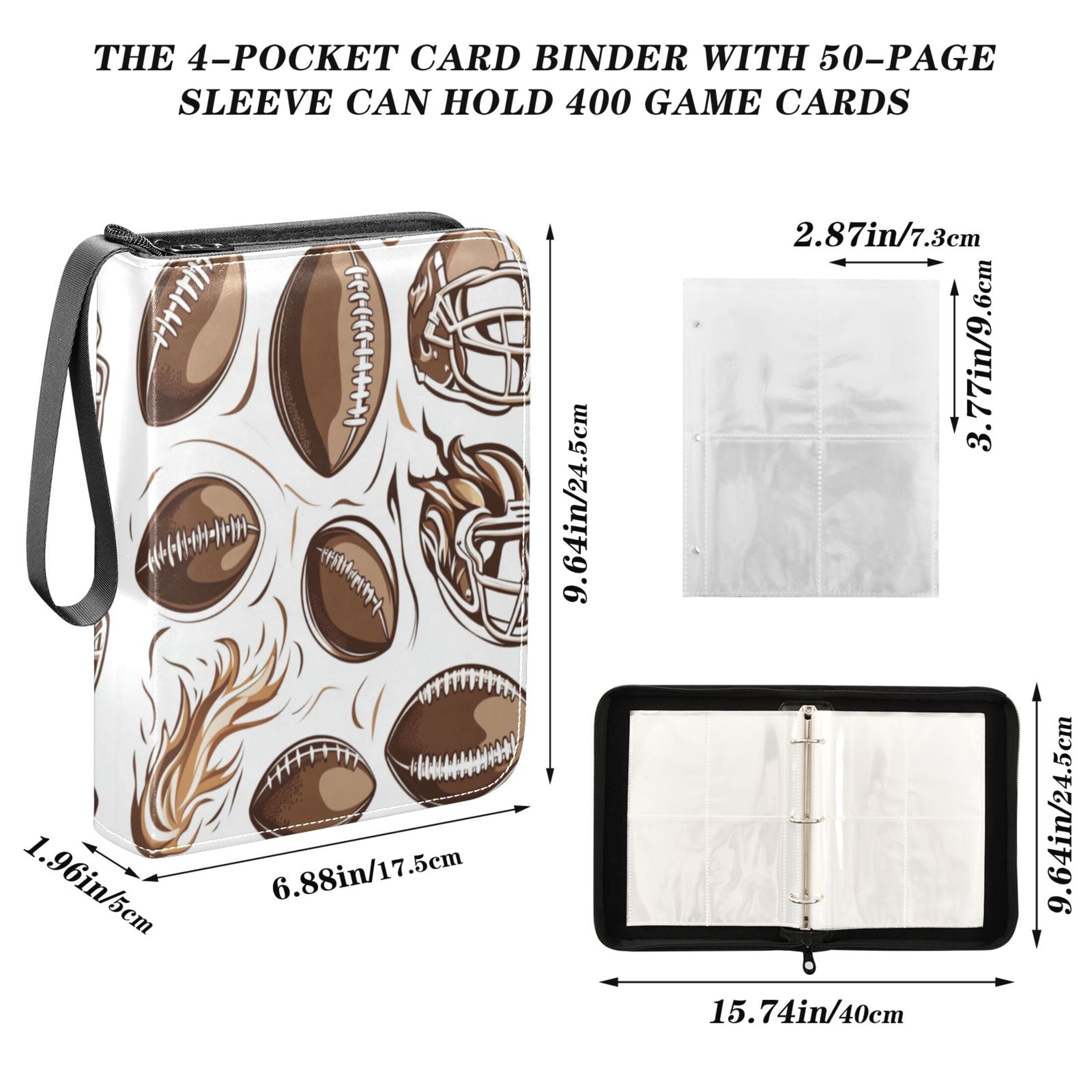 400 Pockets Trading Cards Album,Card Binder 4-Pocket, Cards Collector Album Holder Fits 400 cards with 50 removable sheets American Football and Helmets