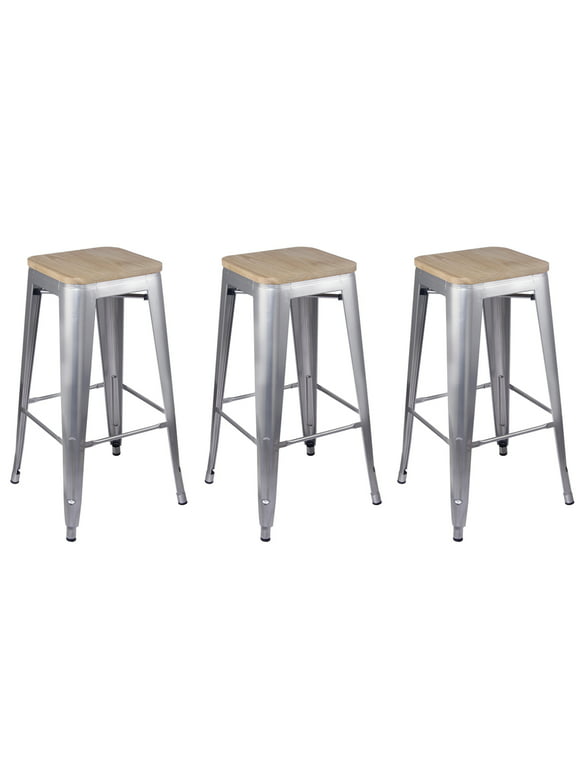 Leejay 30 inch Silver Backless Counter Height Metal Stool with Light Wood Seat, Set of 3