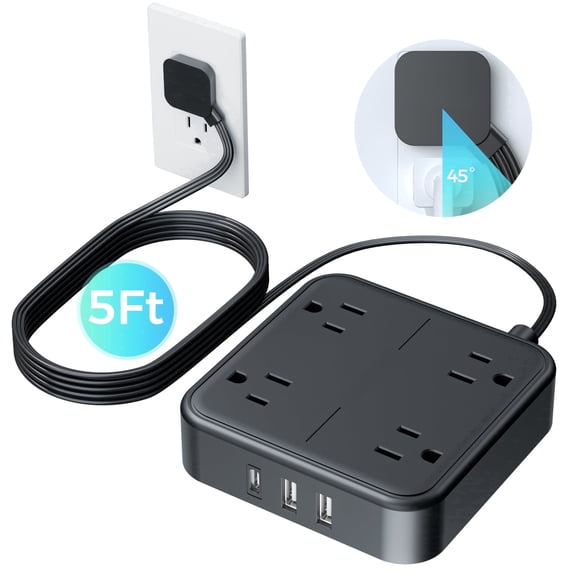 TESSAN 4-Outlet Power Strip with 3 USB Ports(1 USB C), 5Ft Flat Extension Cord, Non-Surge Protecter, Black
