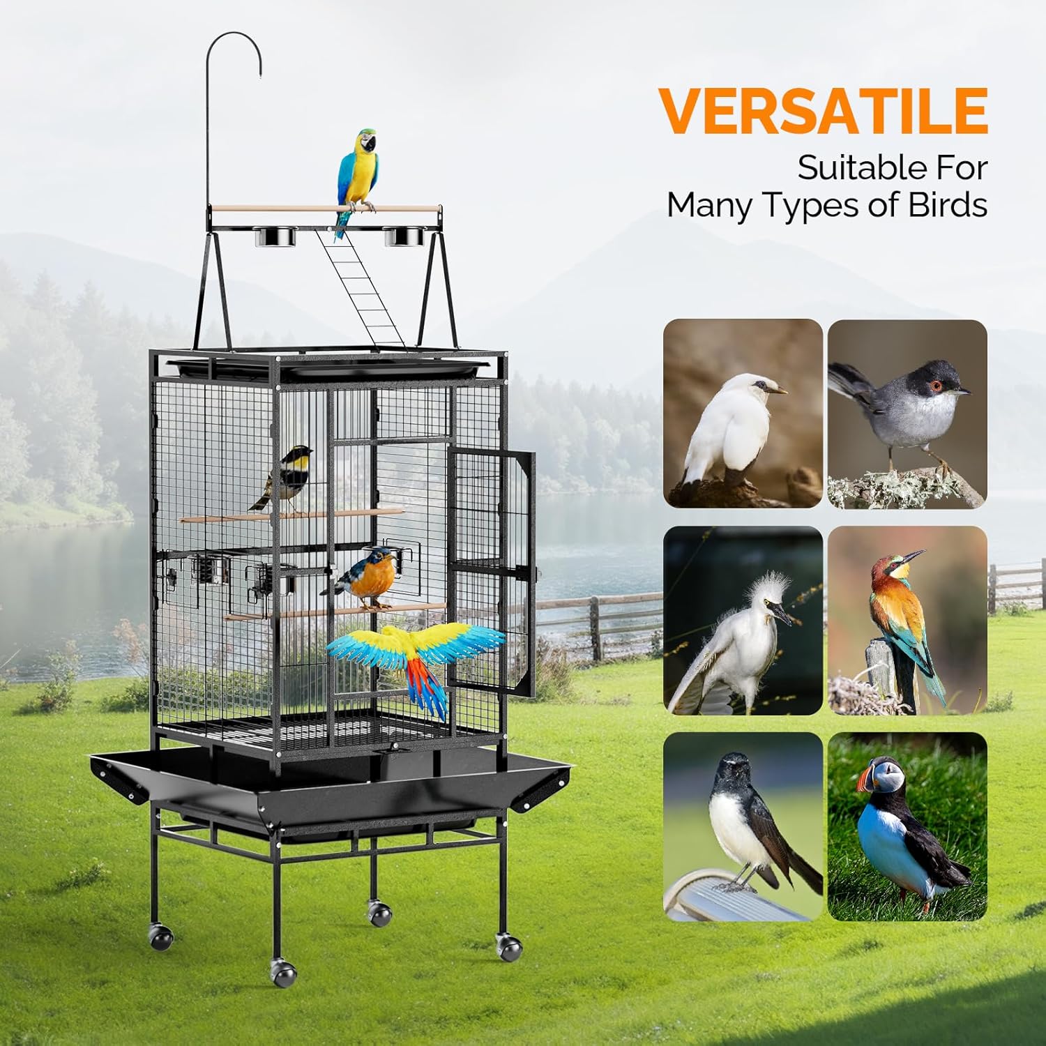 VINGLI Bird Cage, 83 Inch Wrought Iron Bird Cage with Play Top, Rolling Parakeet Cage for Cockatiels Lovebird Finches Canaries