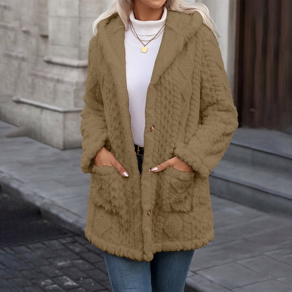 Tusihei Women's Collared Hooded Long Sleeve Fuzzy Coat Warm Button Down Cardigan Outerwear Casual Fall Winter Solid Sweater Jacket, Brown 2XL