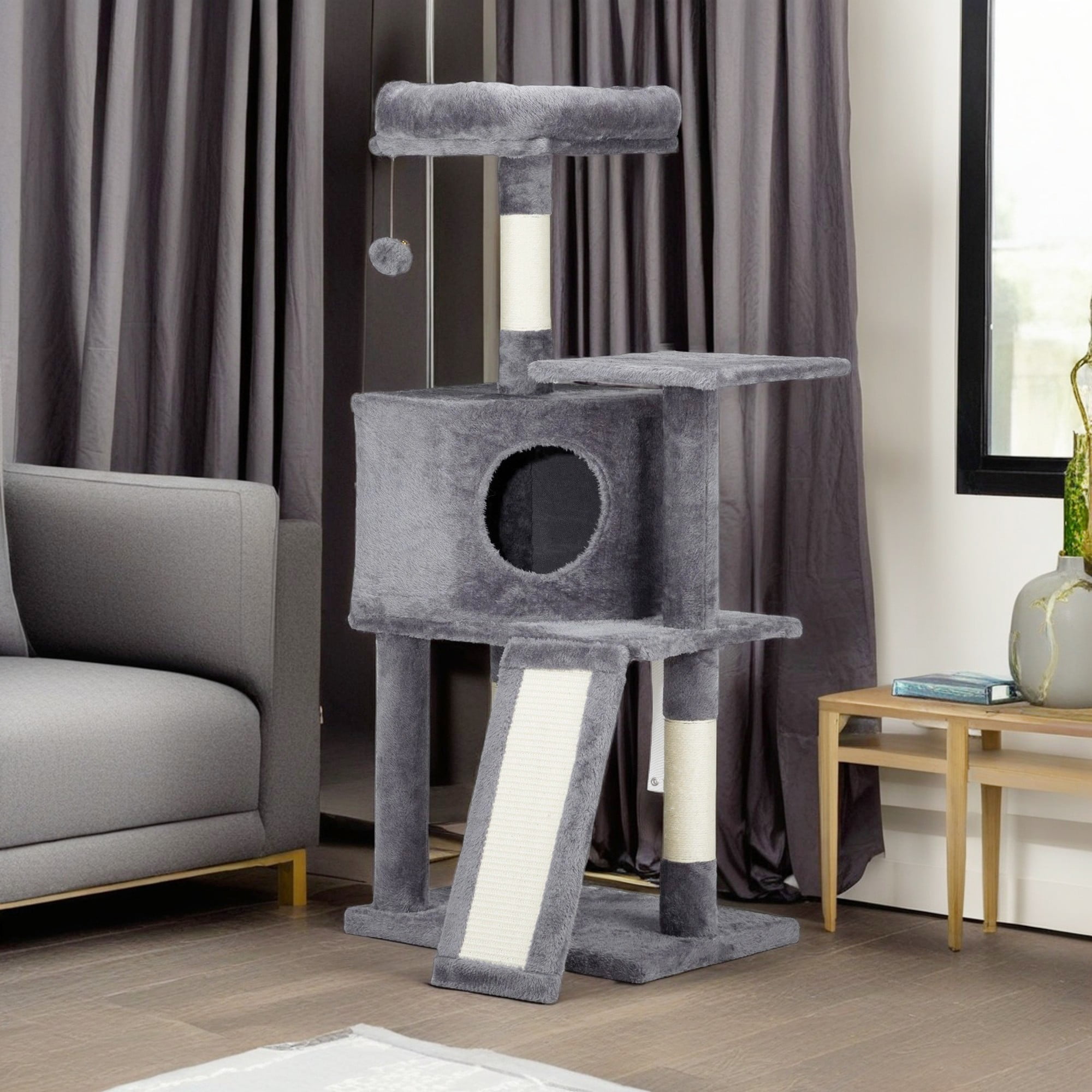 resenkos 47" Cat Tree Tower for Indoor Cats, Cat House with Padded Platform Bed, Toy Balls, Large Cozy Condo, Sisal Scratching Board, Gray