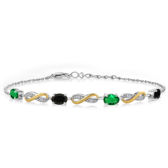 Gem Stone King 1.65 Ct Oval Green Nano Emerald Black Onyx 925 Silver and 10K Yellow Gold Lab Grown Diamond Infinity Bracelet for Women Mother's Mom Wife Her, Fully Adjustable up to 7.5 inch)