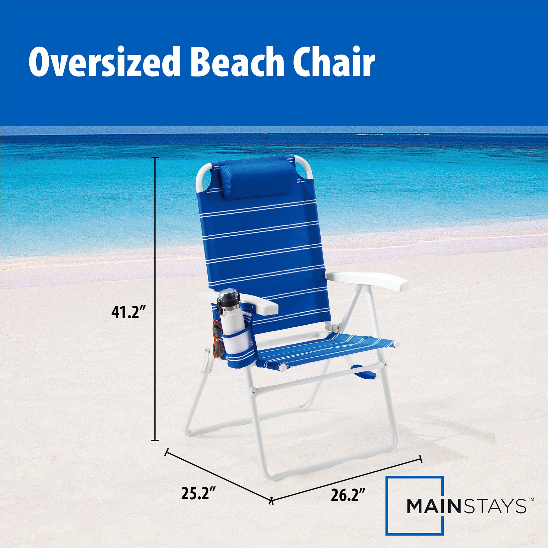Mainstays Oversized 4-Position Beach Chair, Blue Stripe