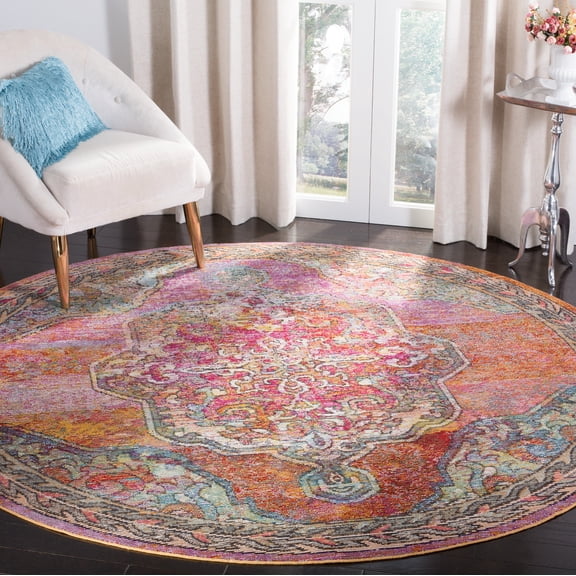 SAFAVIEH Crystal Dean Oriental Area Rug, Orange/Light Blue, 4' x 4' Round