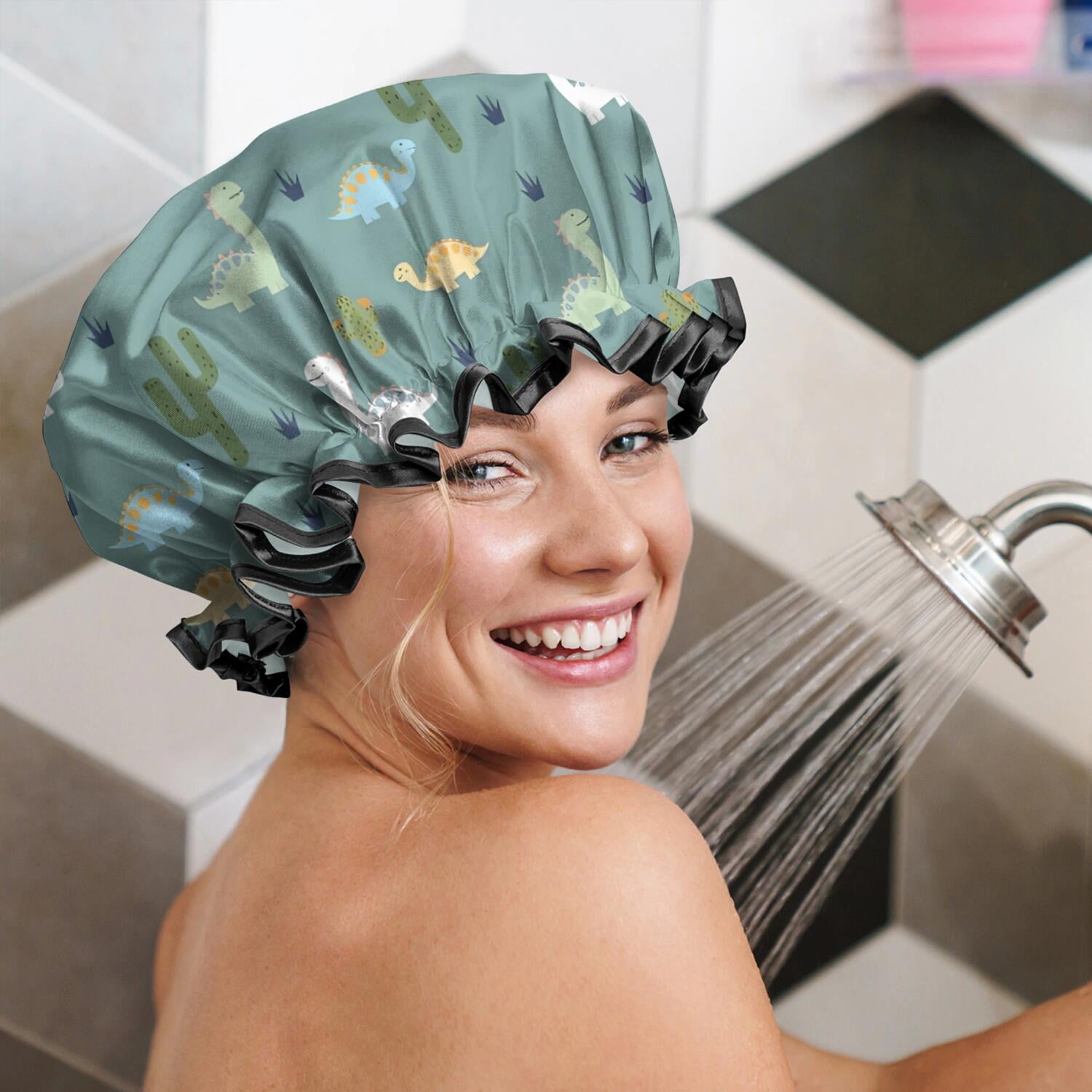 Shower Caps,LightBlue Cartoon Dinosaurs Cacti Pattern Waterproof Shower Cap for Women 4 Pieces,Double Reusable Hair Cover for Shower PEVA Elastic Stretch Hem
