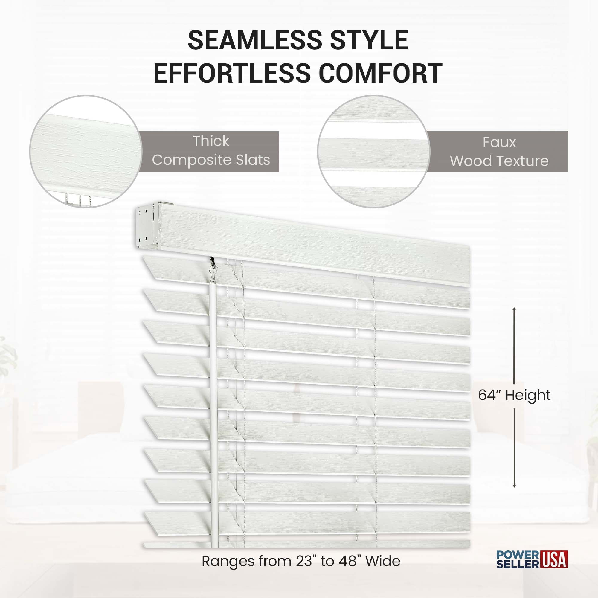 PowerSellerUSA Cordless Window Blinds, Privacy & Room Darkening 2" Slats Faux Wood Mini Blind, Anti-UV Window Treatment, White Plantation Blind, 46" Width x 64" Length, (Fits windows 23" - 74")