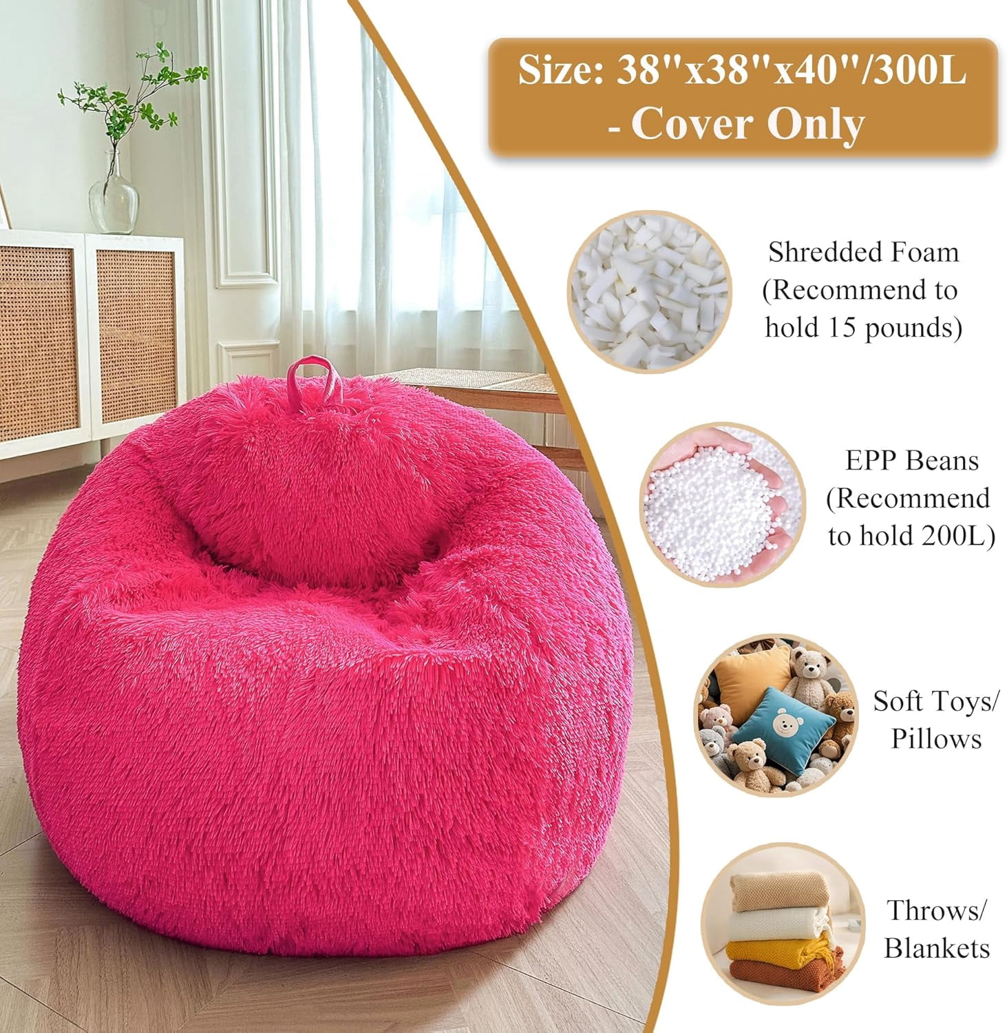 Faux Fur Comfy Bean Bag Cover(No Filler) for Living Room, Tie Dye Fluffy Stuffed Animal Storage Bean Bag Chair Cover, Furry Fuzzy Bean Bag Cover for Adults  Girls, Anti-Slip, Rainbow